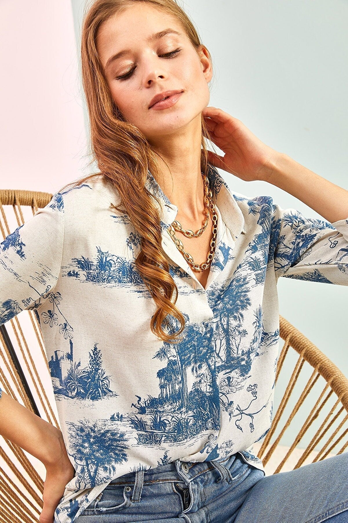 Sophia Blue Vintage 1970s Landscape Designer Button-Down Shirt
