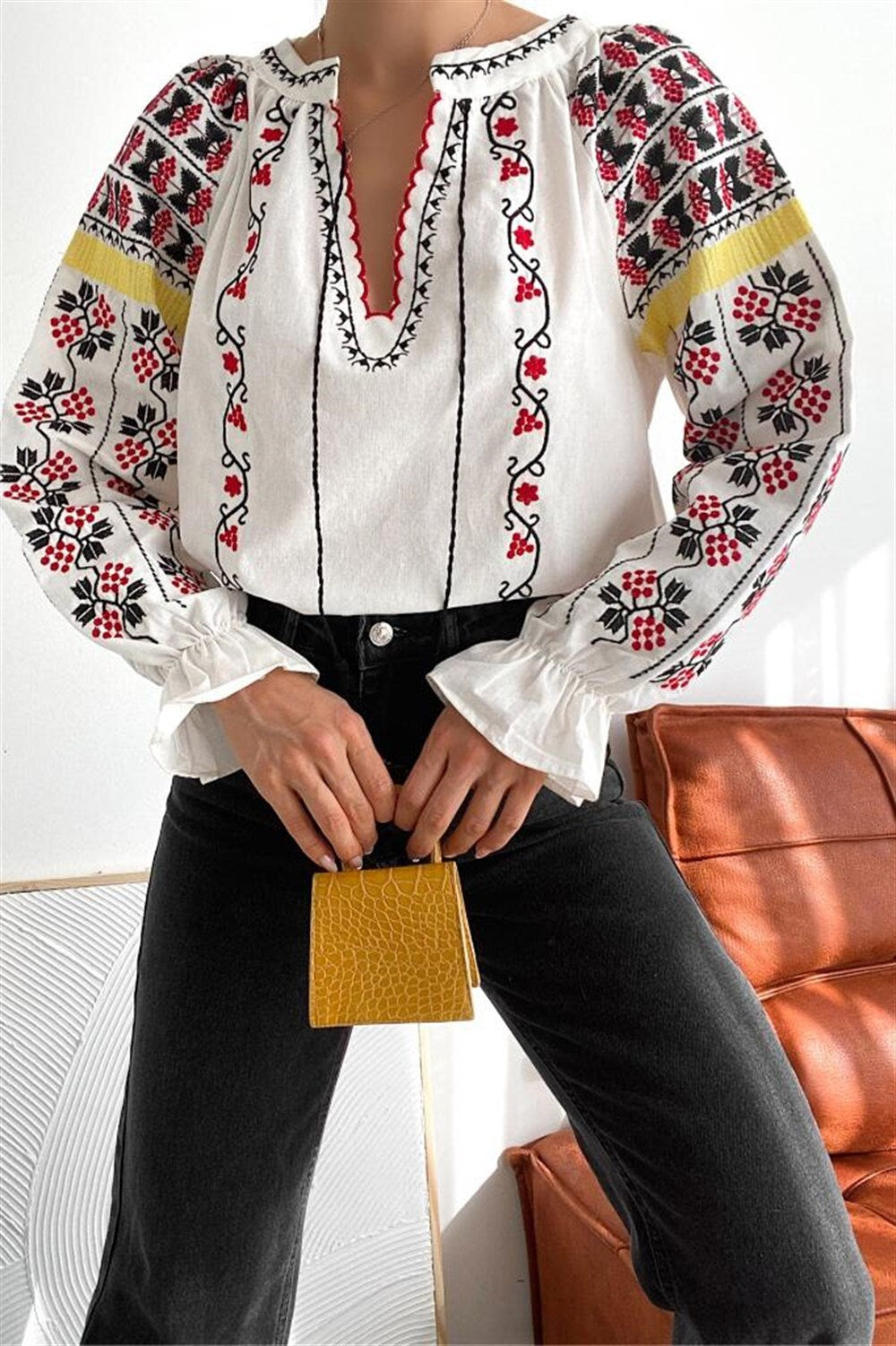Ethnic Bohemian Floral Embroidered Blouse