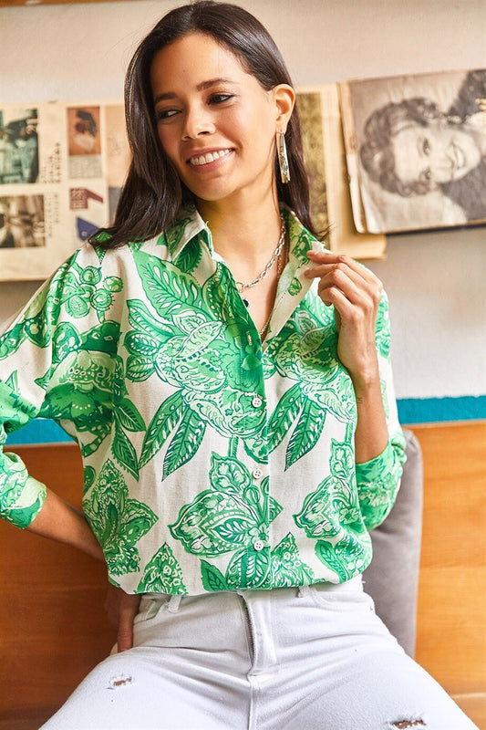 Lola Green Big Floral Designer Linen Blend Button Down Shirt