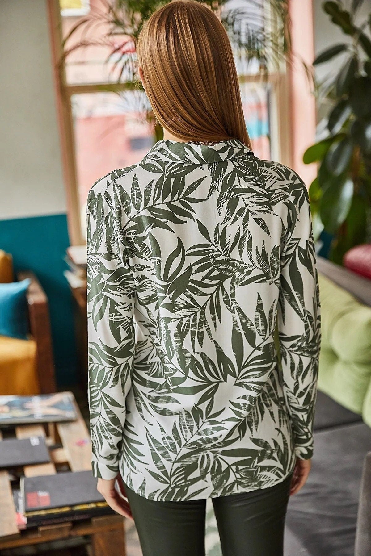 Sophia Green Leaf Print Button Down Shirt