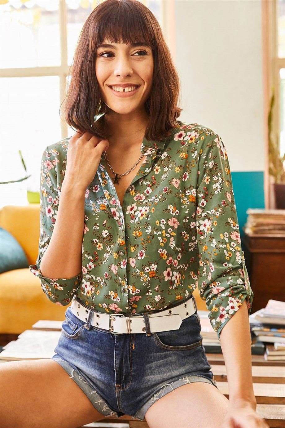 Sophia Green Floral Button Down Shirt