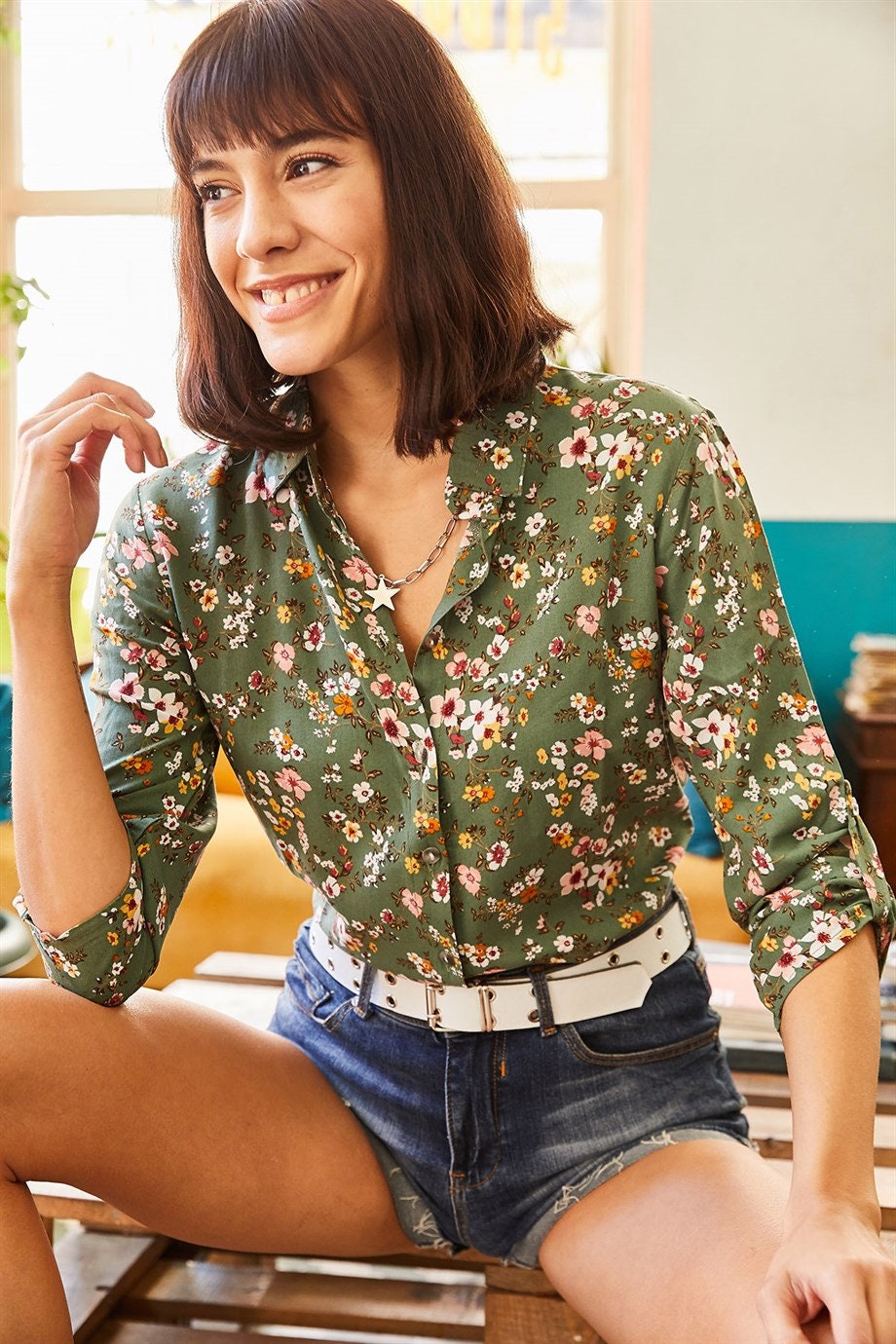 Sophia Green Floral Button Down Shirt