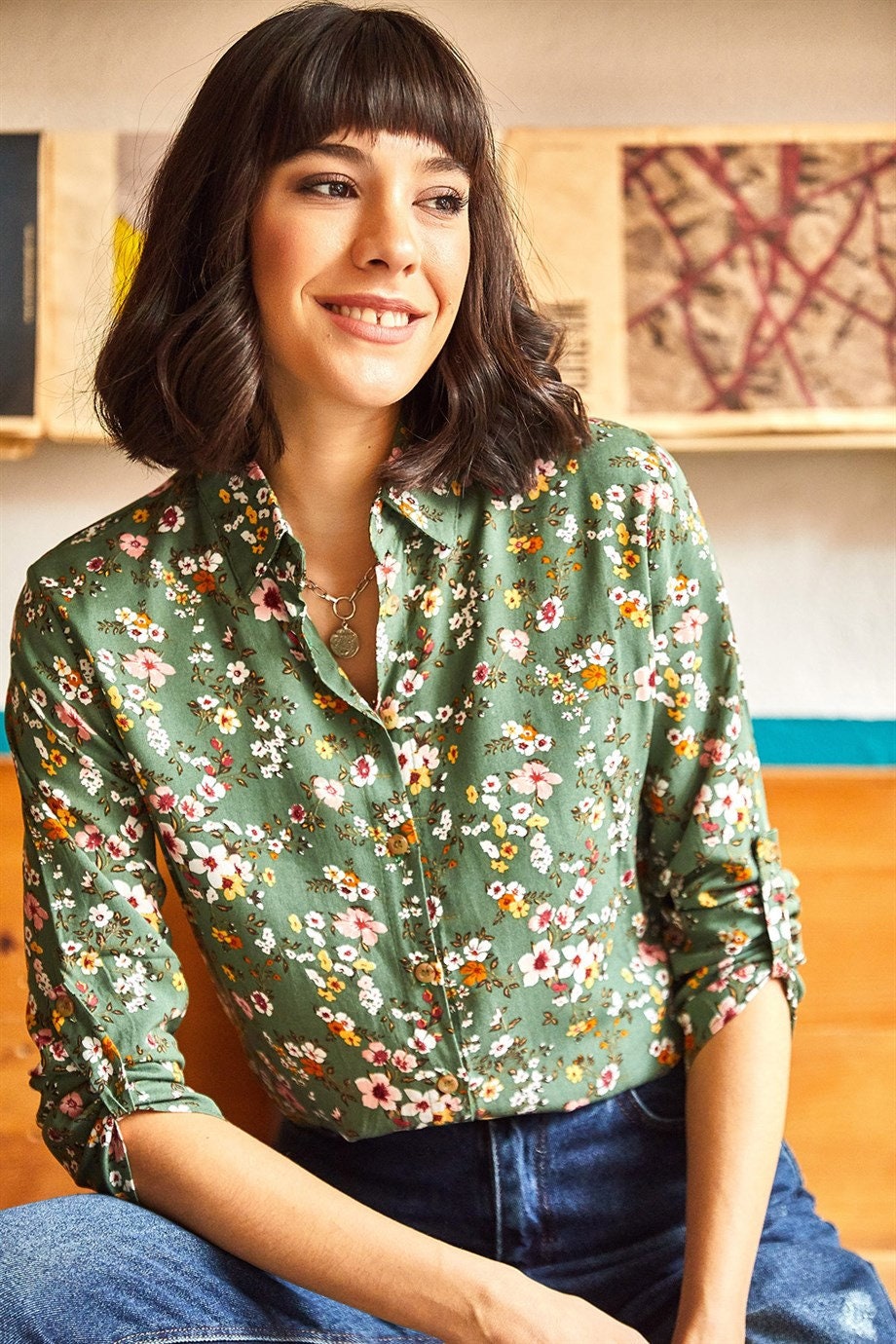 Sophia Green Floral Button Down Shirt