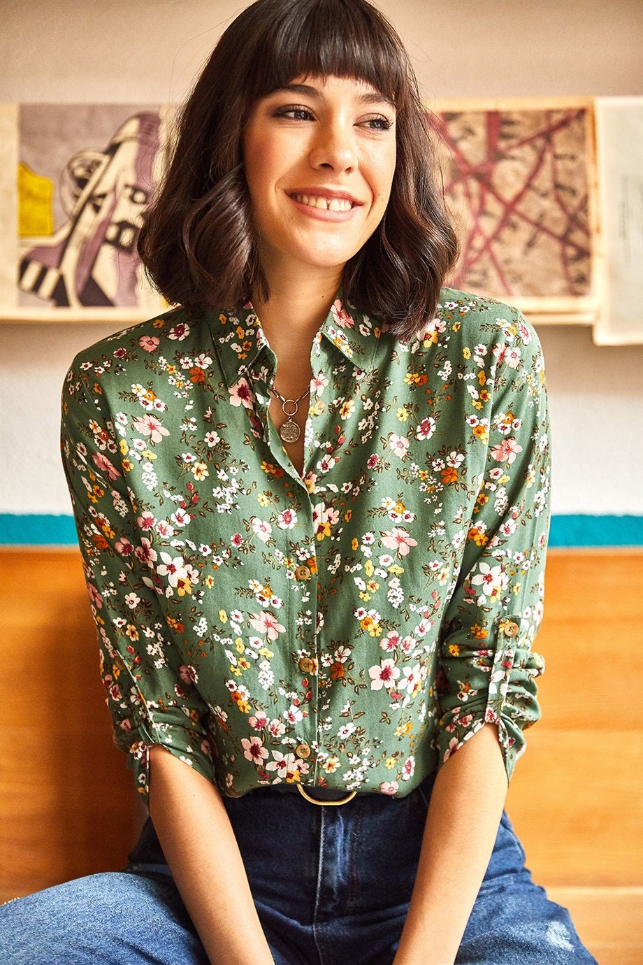 Sophia Green Floral Button Down Shirt