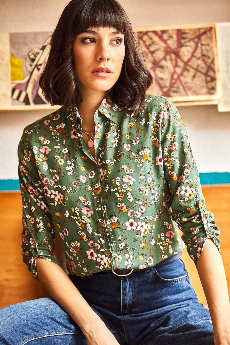 Sophia Green Floral Button Down Shirt
