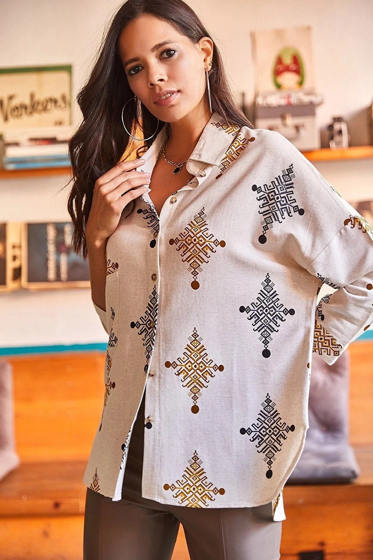 Lola Geometric Print Linen Button Down Shirt