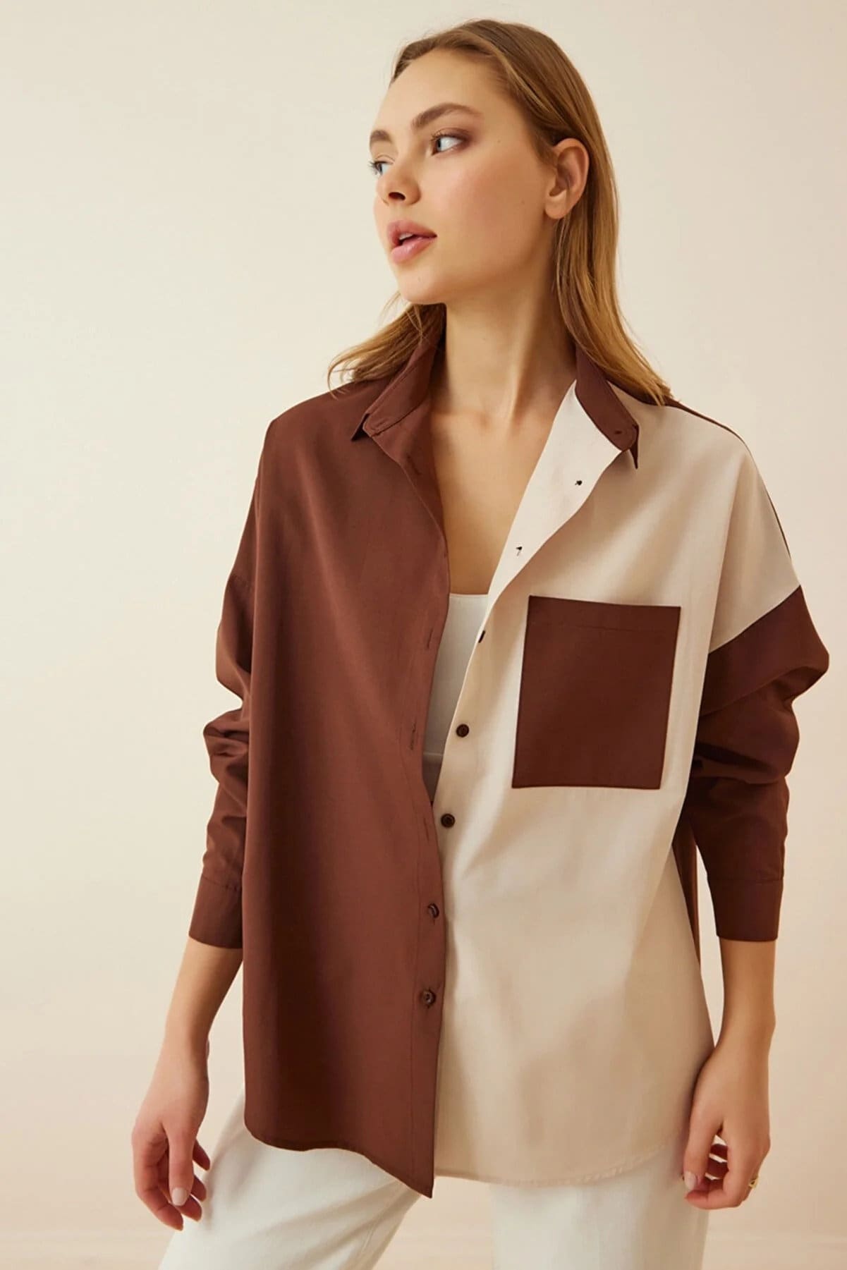 Colorblock Cotton Blend Button-Down Shirt