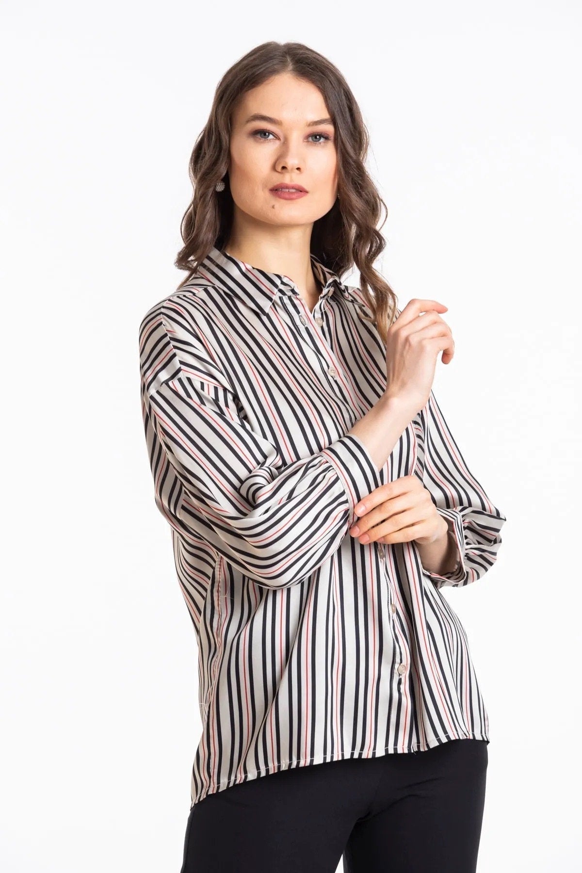 Striped Satin Button-Down Shirt