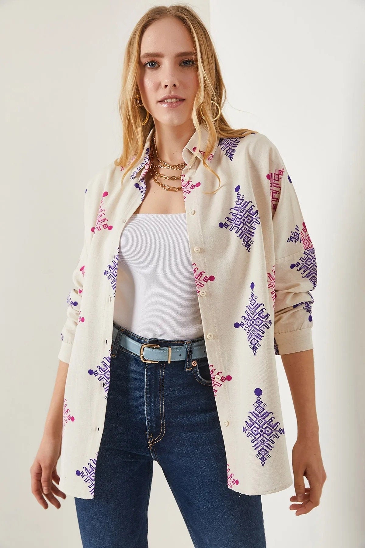 Lola Geometric Print Linen Button Down Shirt