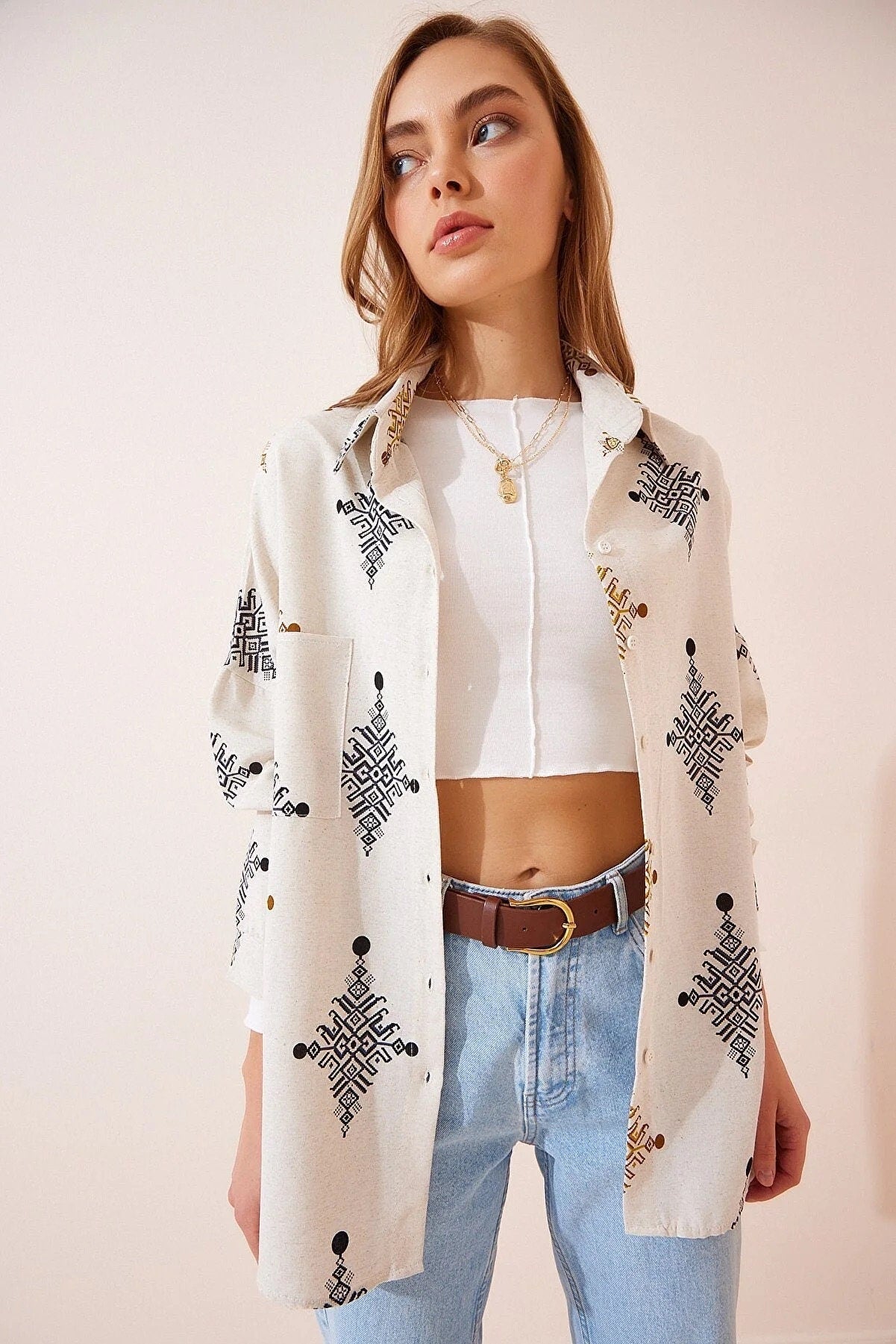 Lola Geometric Print Linen Button Down Shirt
