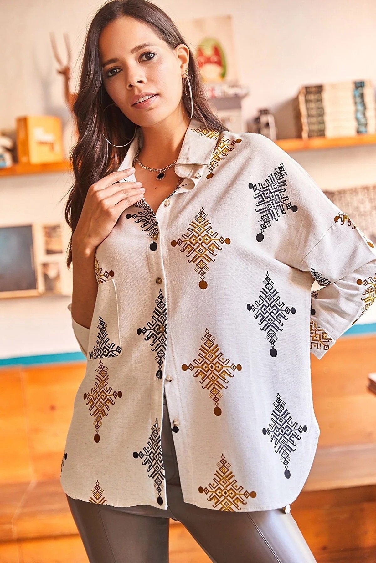 Lola Geometric Print Linen Button Down Shirt