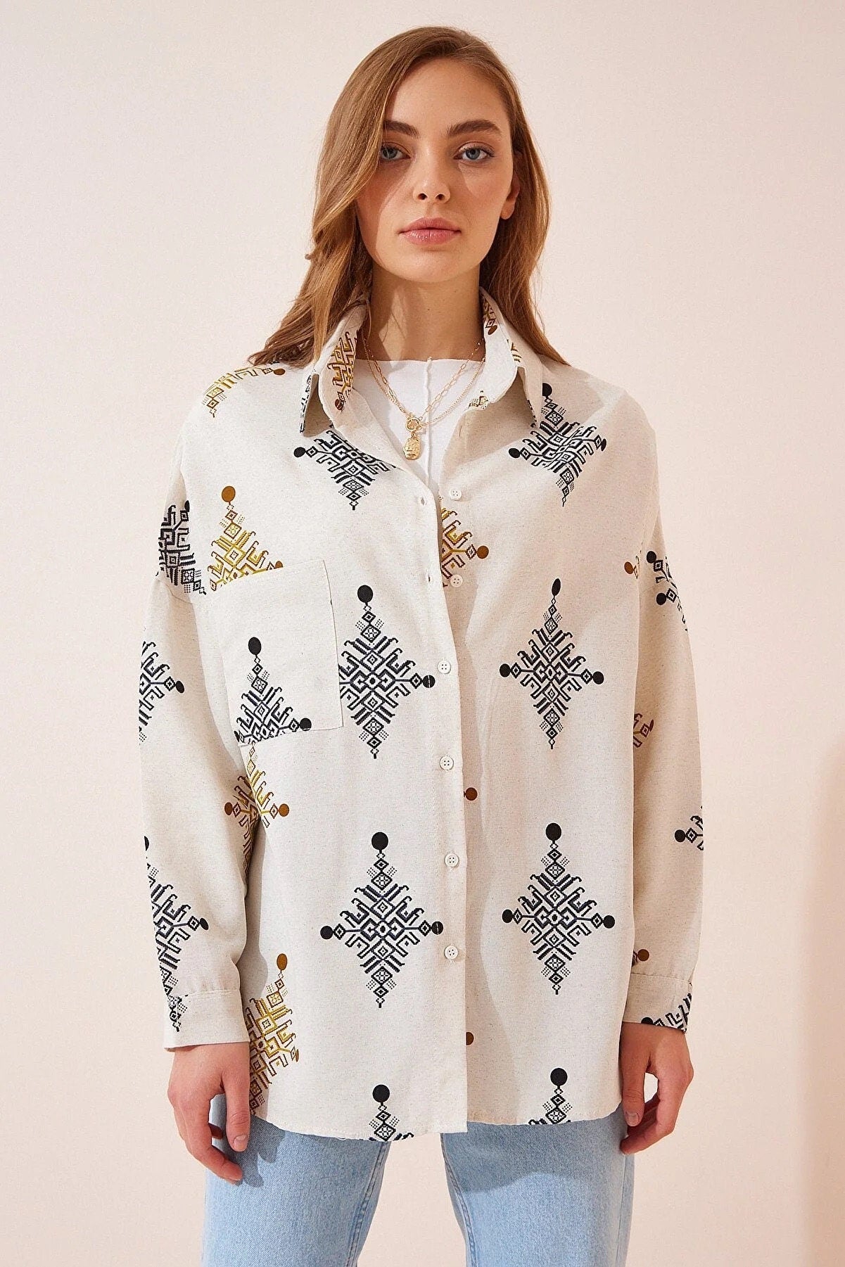 Lola Geometric Print Linen Button Down Shirt