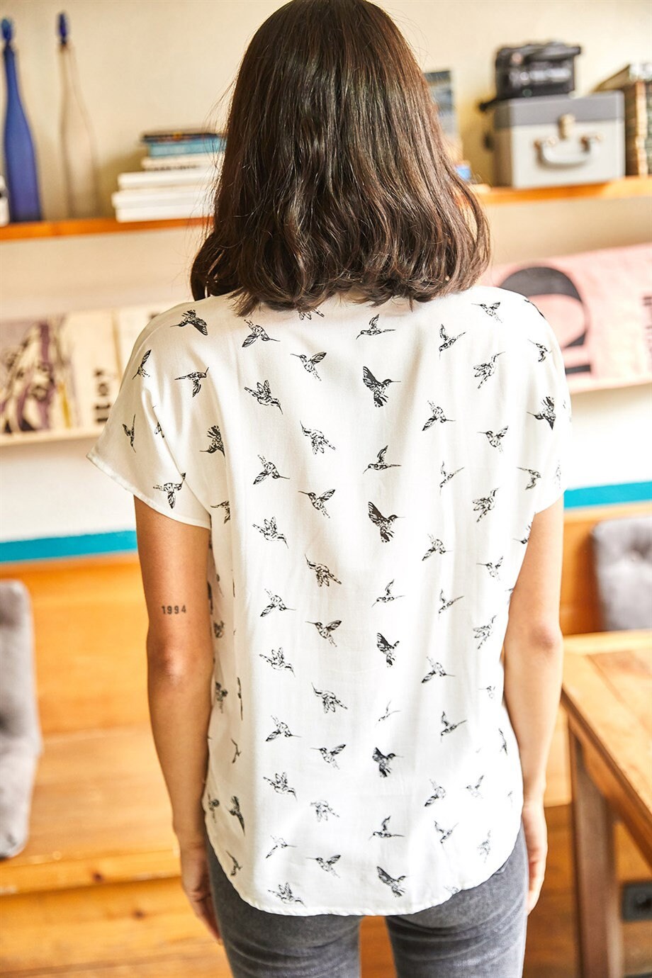Beverly Bird Print Short Sleeve Button Down Shirt