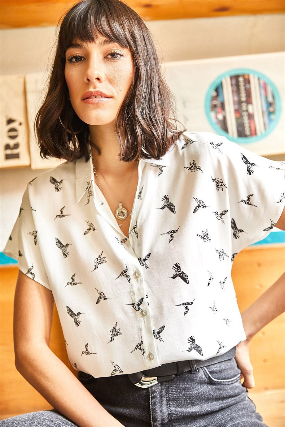 Beverly Bird Print Short Sleeve Button Down Shirt