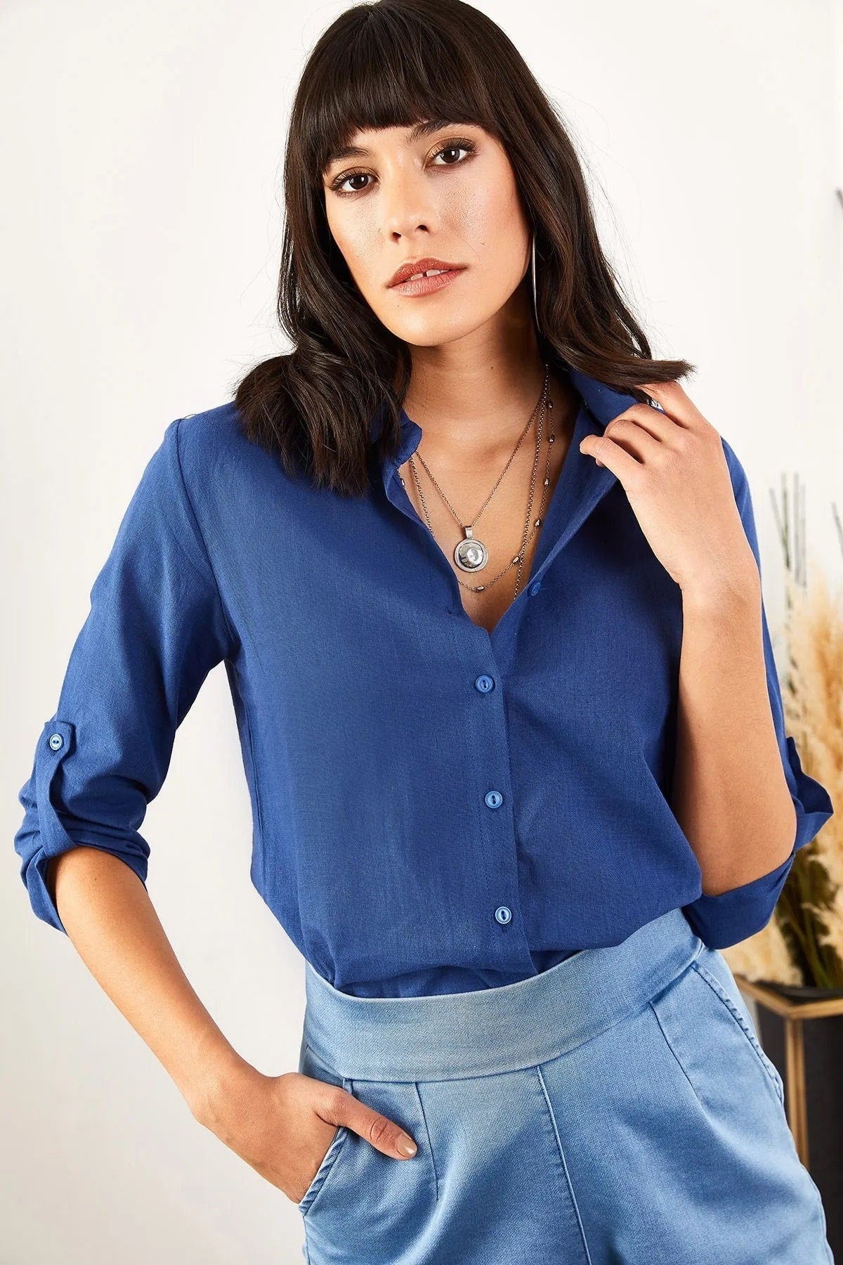 Verona Dark Blue Linen Long Sleeve Button Down Shirt