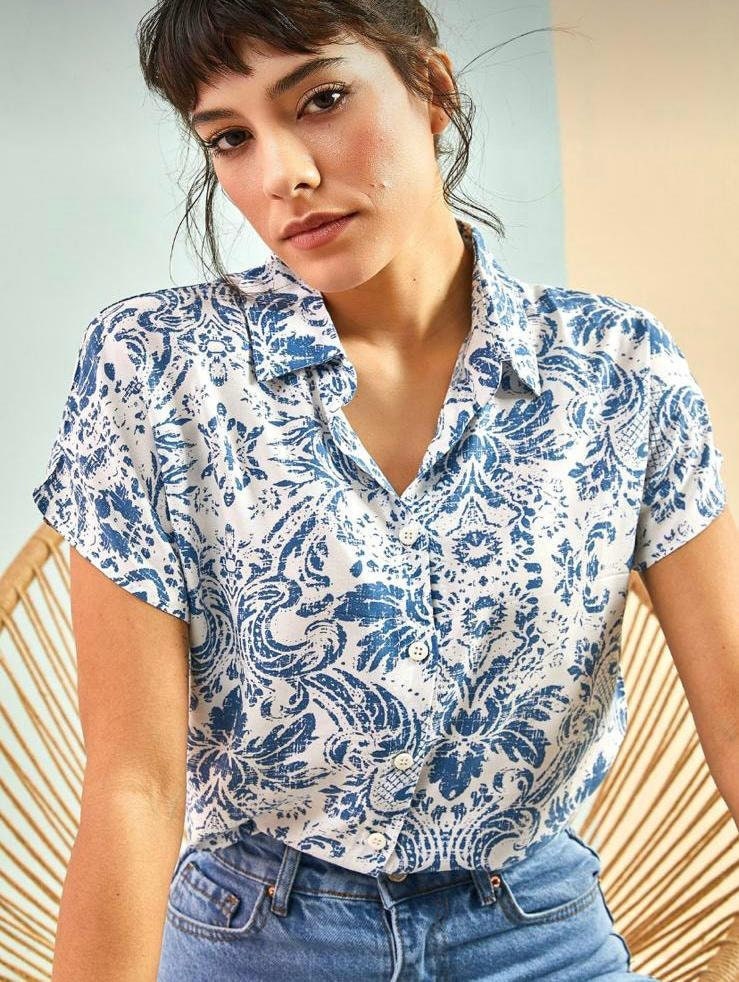 Beverly Blue Floral Short Sleeve Button-Down Shirt