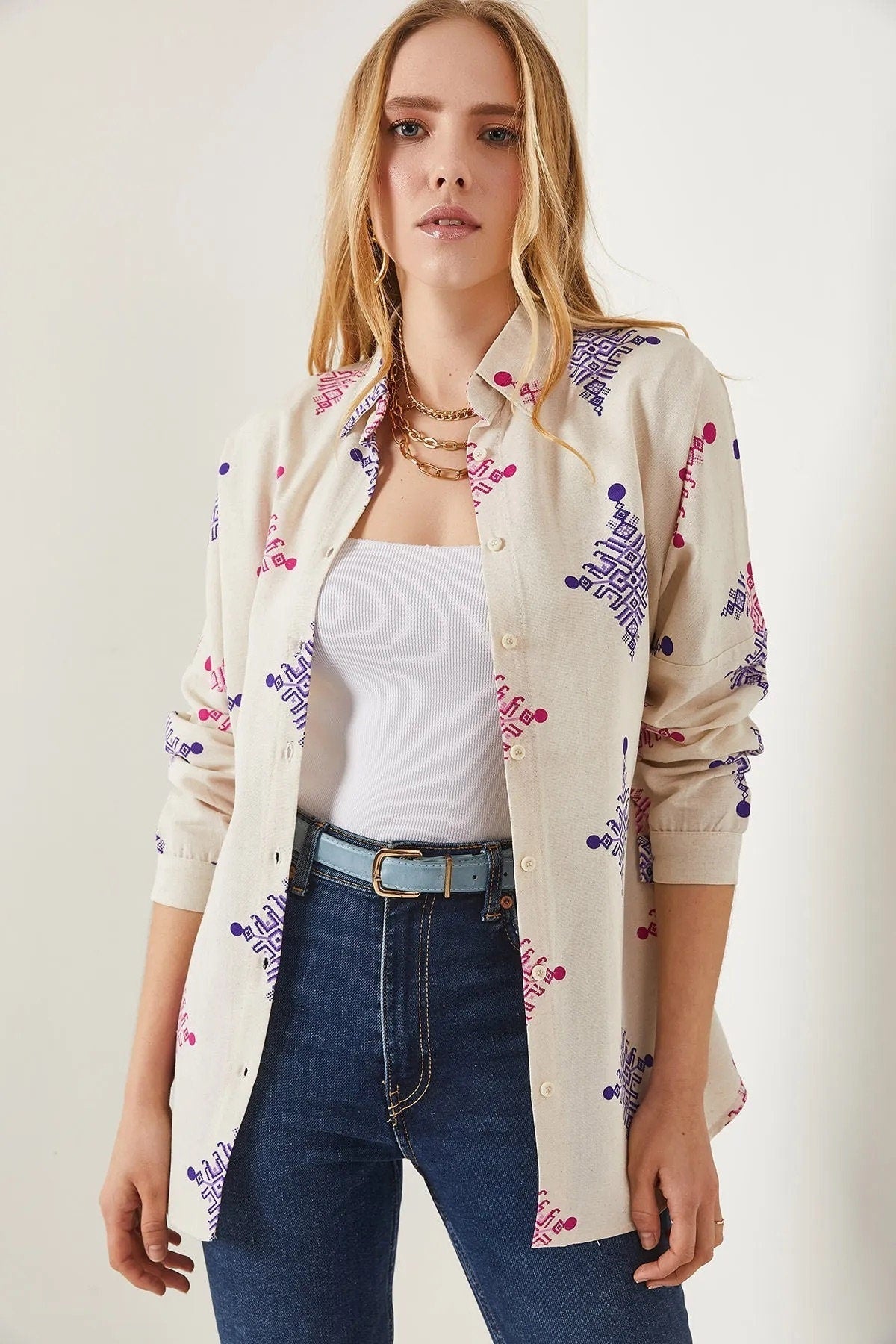 Lola Geometric Print Linen Button Down Shirt