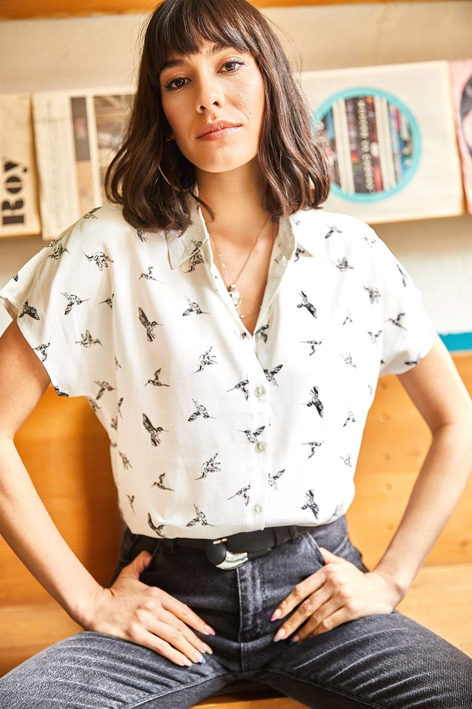 Beverly Bird Print Short Sleeve Button Down Shirt