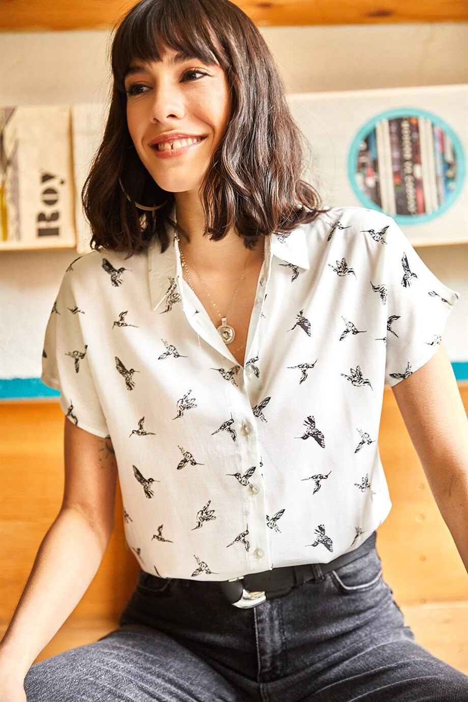 Beverly Bird Print Short Sleeve Button Down Shirt