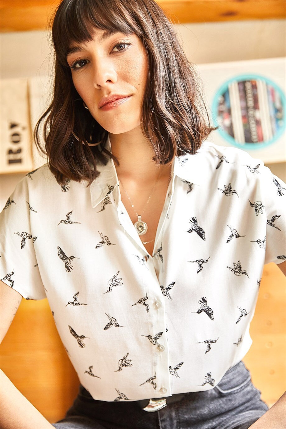 Beverly Bird Print Short Sleeve Button Down Shirt