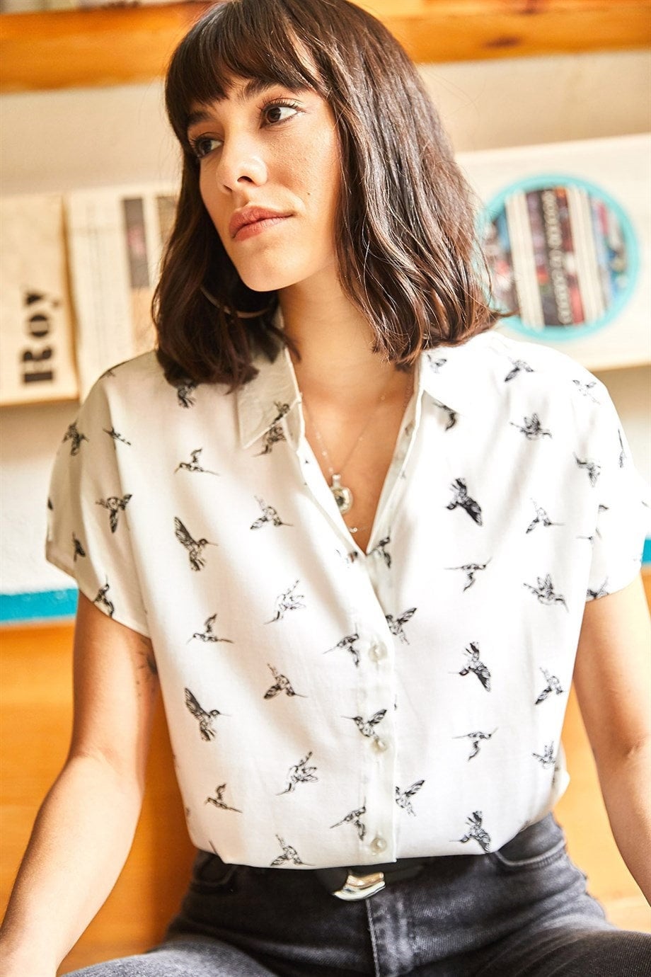Beverly Bird Print Short Sleeve Button Down Shirt