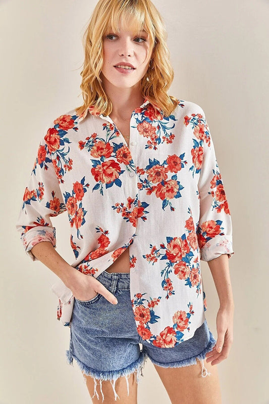 Lola Orange Floral Pattern Linen Button Down Shirt