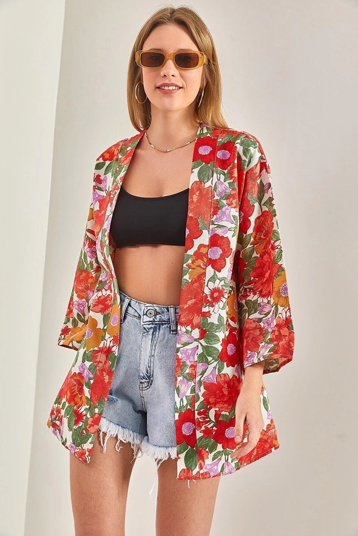 Patricia Red Colorful Floral Print Linen Kimono
