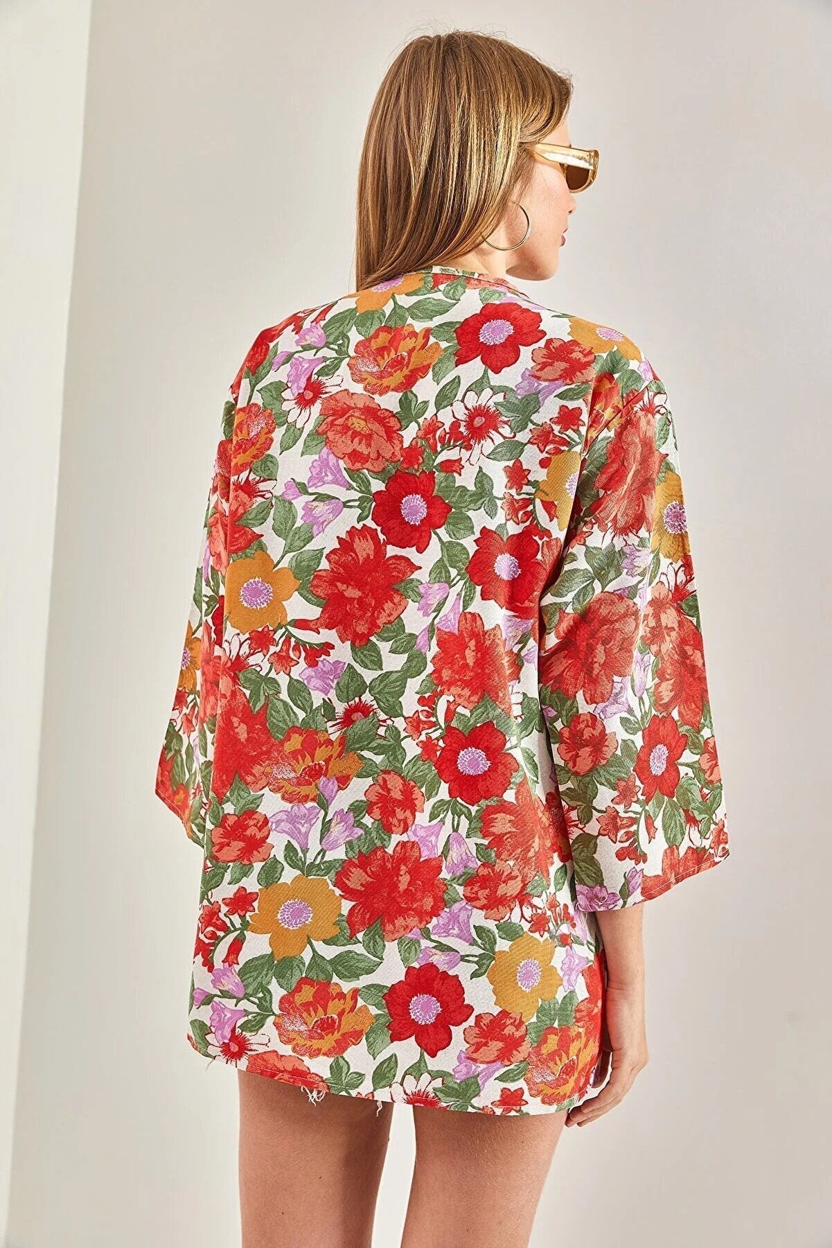 Patricia Red Colorful Floral Print Linen Kimono