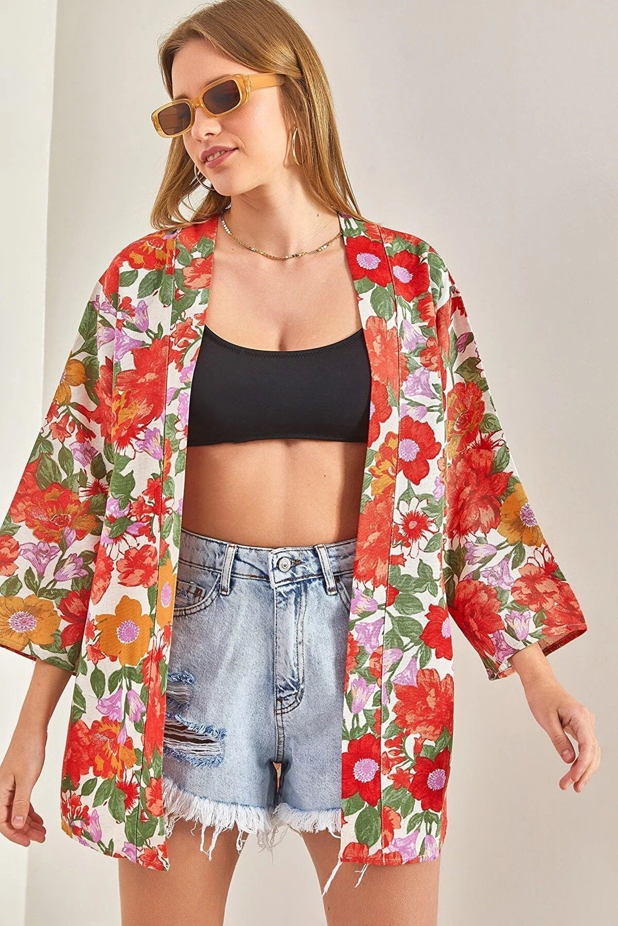 Patricia Red Colorful Floral Print Linen Kimono