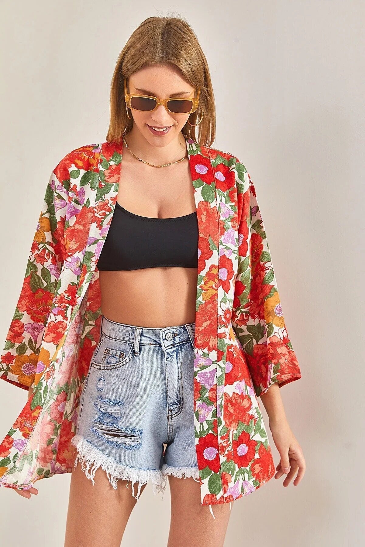 Patricia Red Colorful Floral Print Linen Kimono