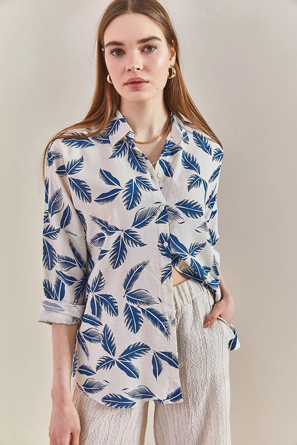 Sophia Blue Leaves Design Button Down Shirt