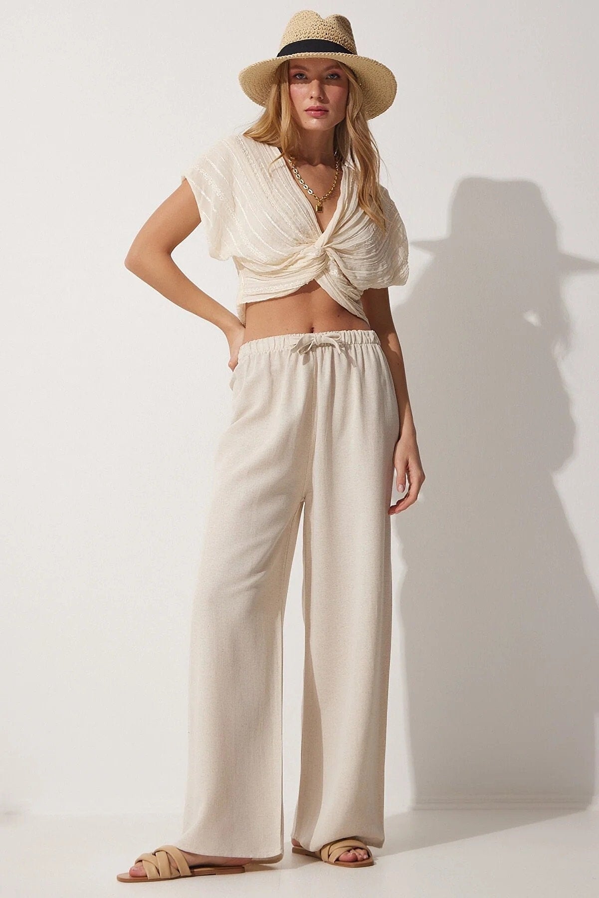 Clara Turquoise Wide Leg Linen Pants