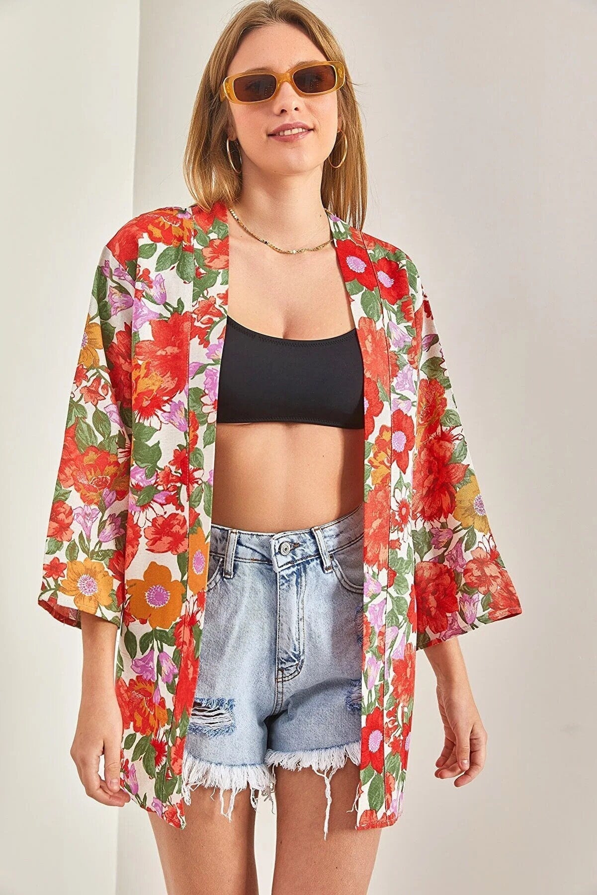 Patricia Red Colorful Floral Print Linen Kimono