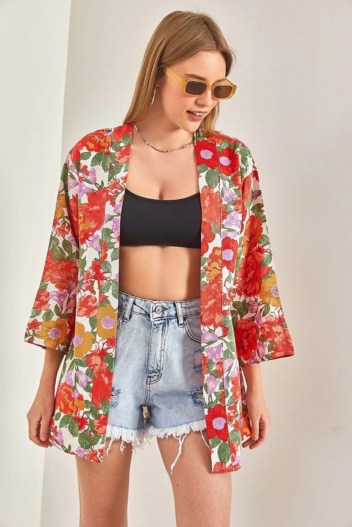Patricia Red Colorful Floral Print Linen Kimono