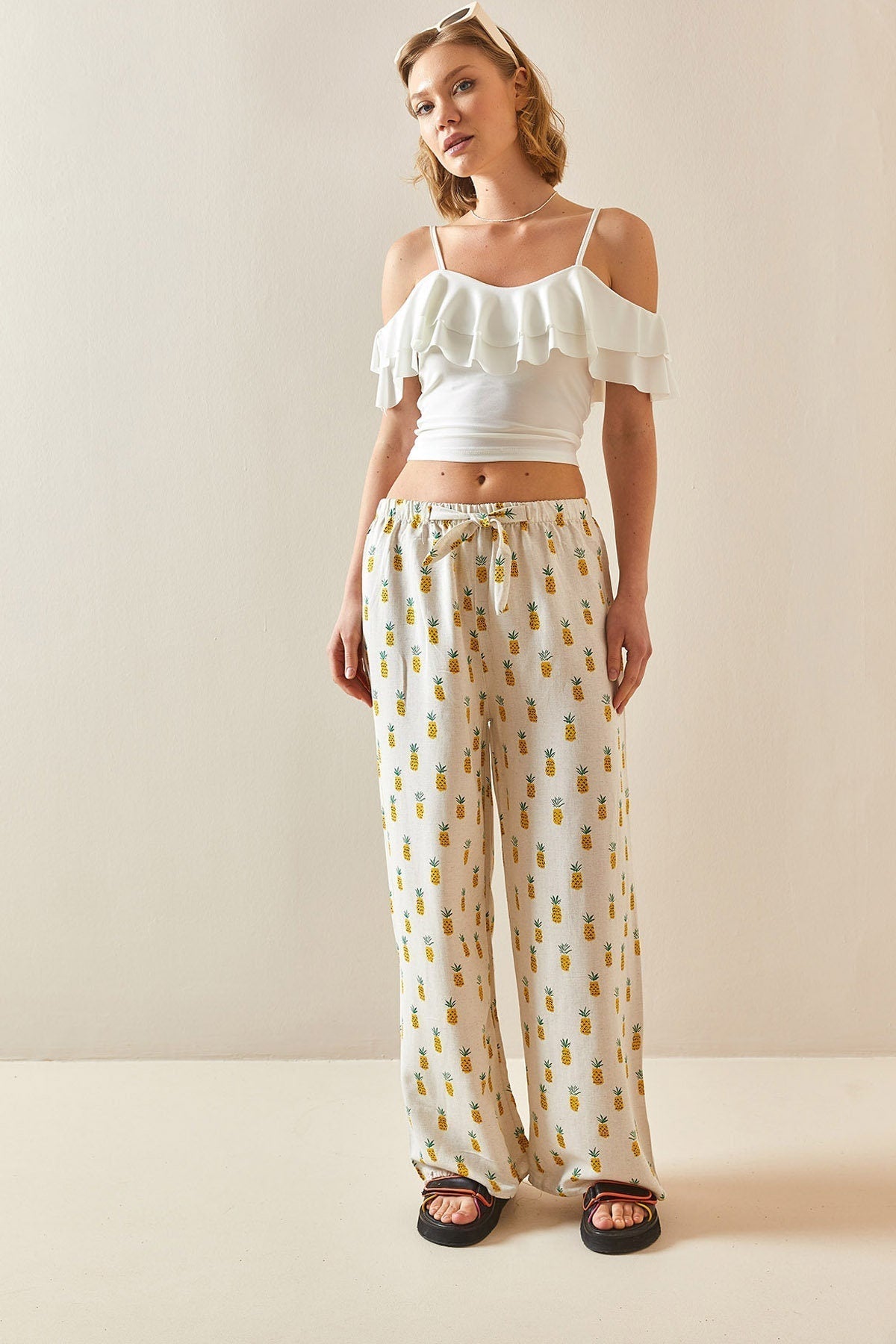 Clara Pineapple Design Wide Leg Linen Pants