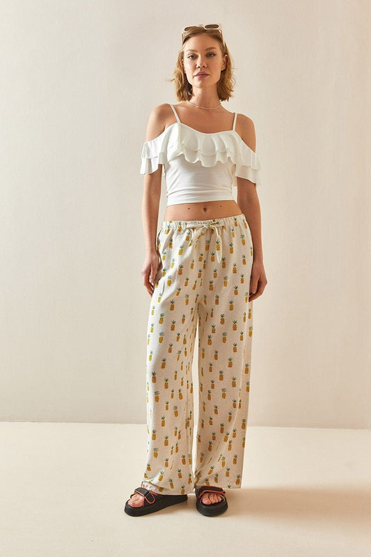 Clara Pineapple Design Wide Leg Linen Pants