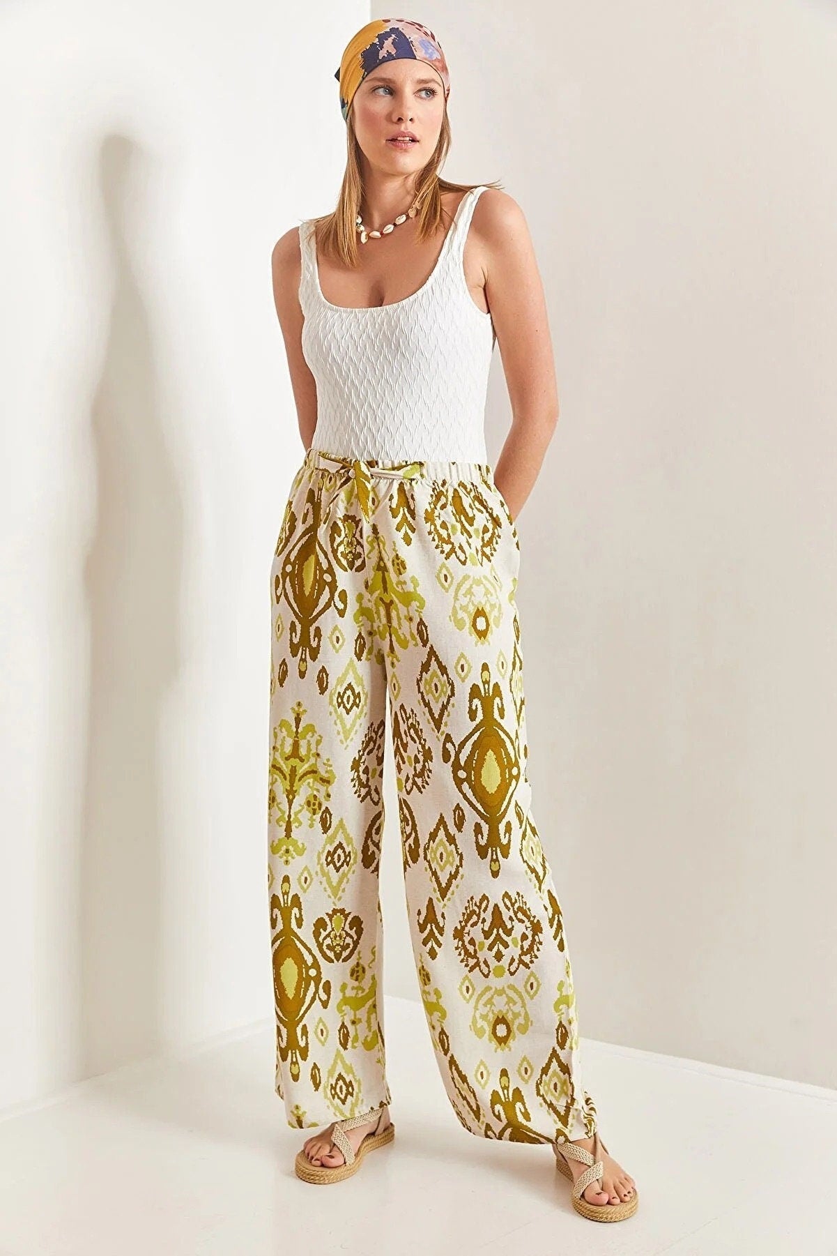 Clara Gold Ethnic Design Wide Leg Linen Pants