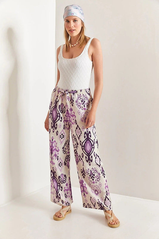 Clara Purple Ethnic Design Wide Leg Linen Pants
