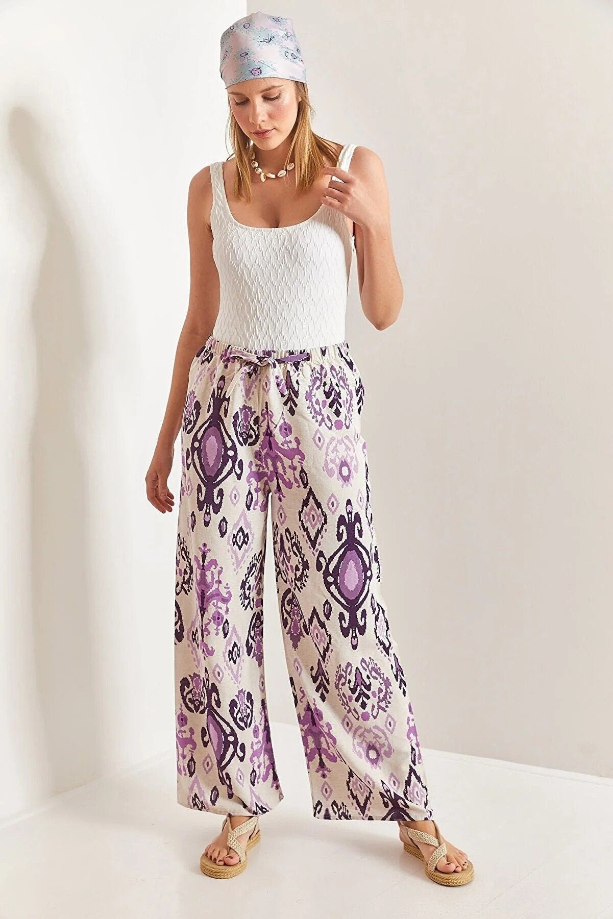 Clara Purple Ethnic Design Wide Leg Linen Pants
