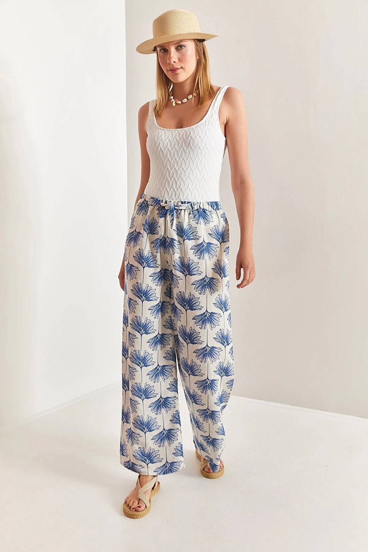 Clara Blue Gingko Print Wide Leg Linen Pants