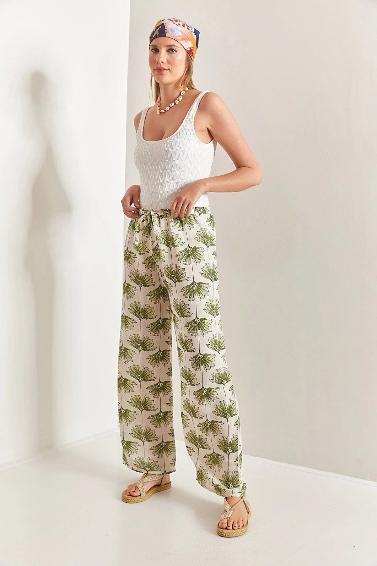 Clara Green Gingko Print Wide Leg Linen Pants