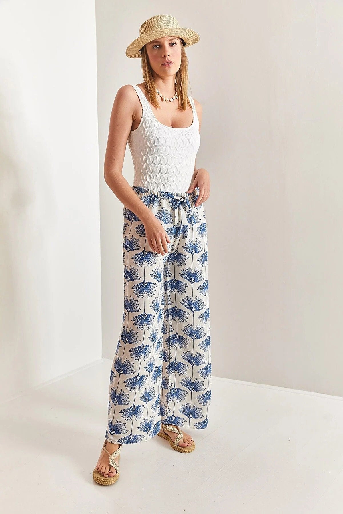Clara Blue Gingko Print Wide Leg Linen Pants
