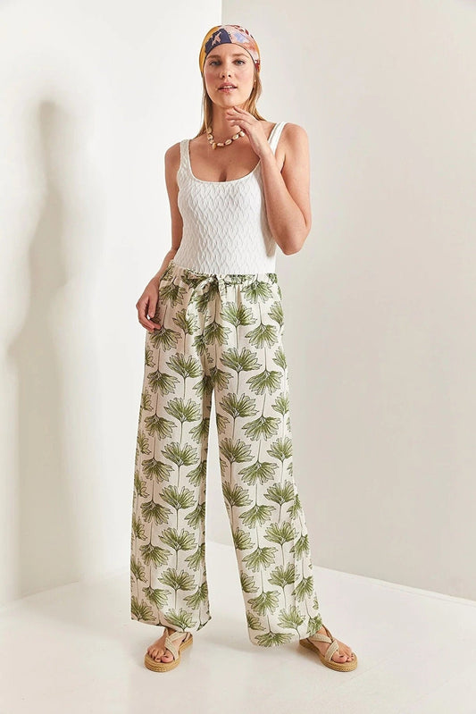 Clara Green Gingko Print Wide Leg Linen Pants