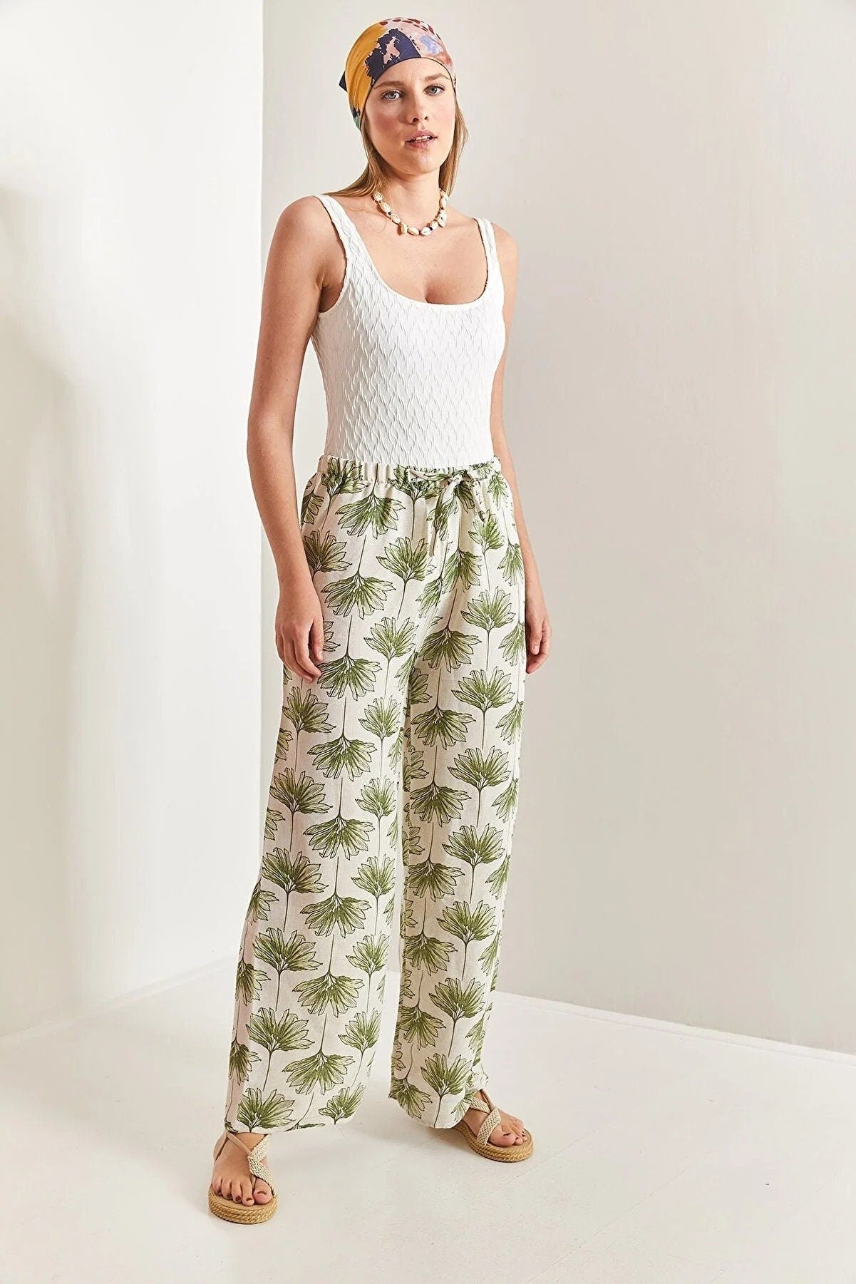 Clara Green Gingko Print Wide Leg Linen Pants