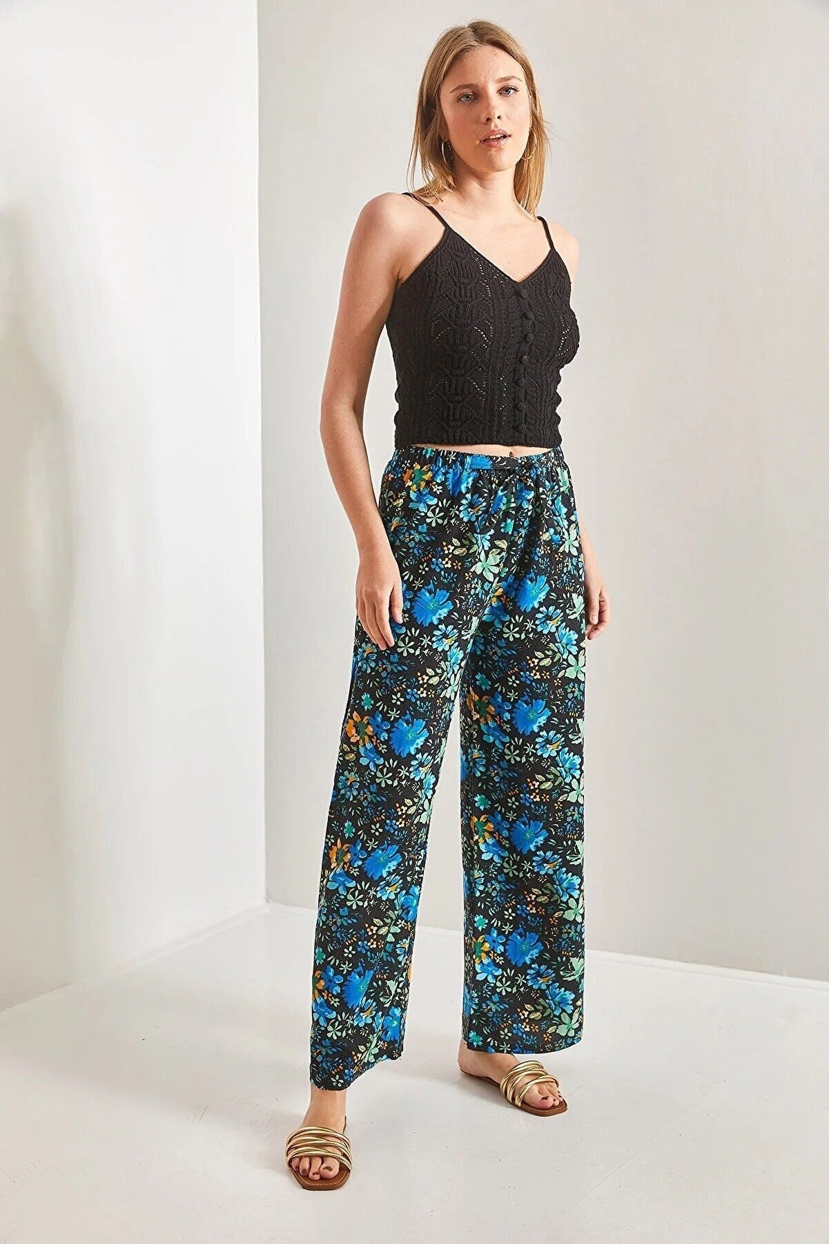 Clara Blue Floral Wide Leg Linen Pants