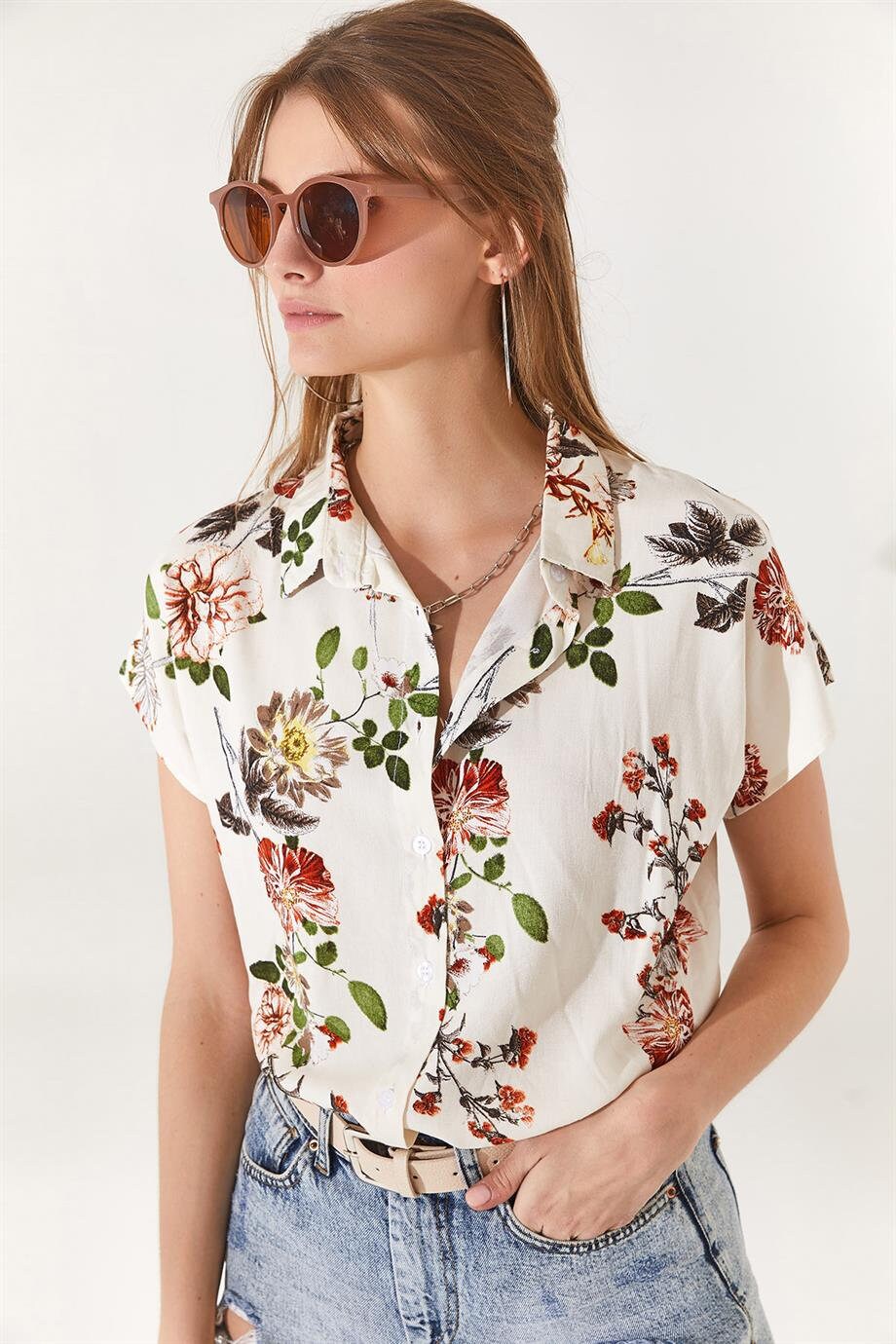 Beverly Red Floral Ecru Button-Down Shirt