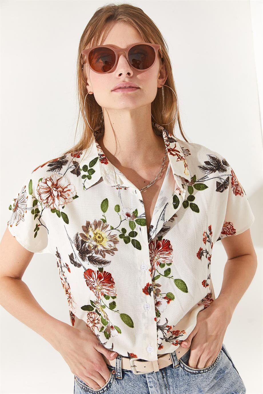 Beverly Red Floral Ecru Button-Down Shirt