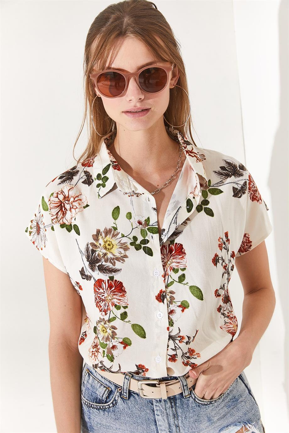 Beverly Red Floral Ecru Button-Down Shirt