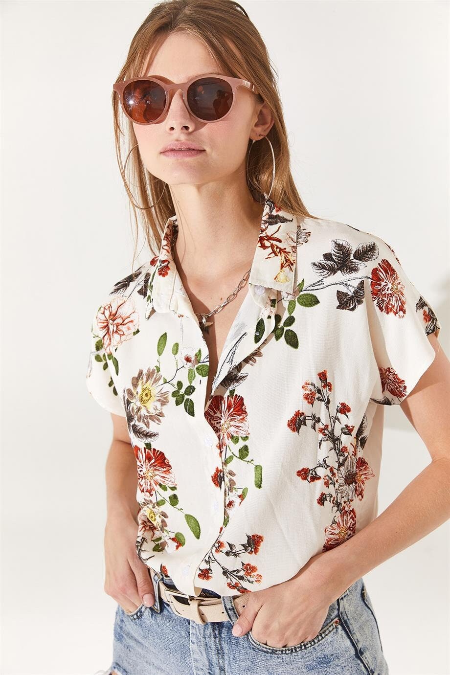 Beverly Red Floral Ecru Button-Down Shirt