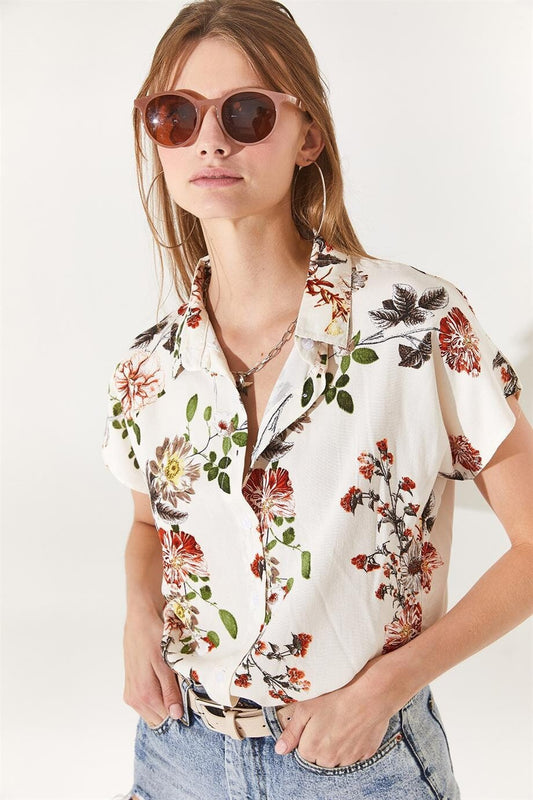 Beverly Red Floral Ecru Button-Down Shirt